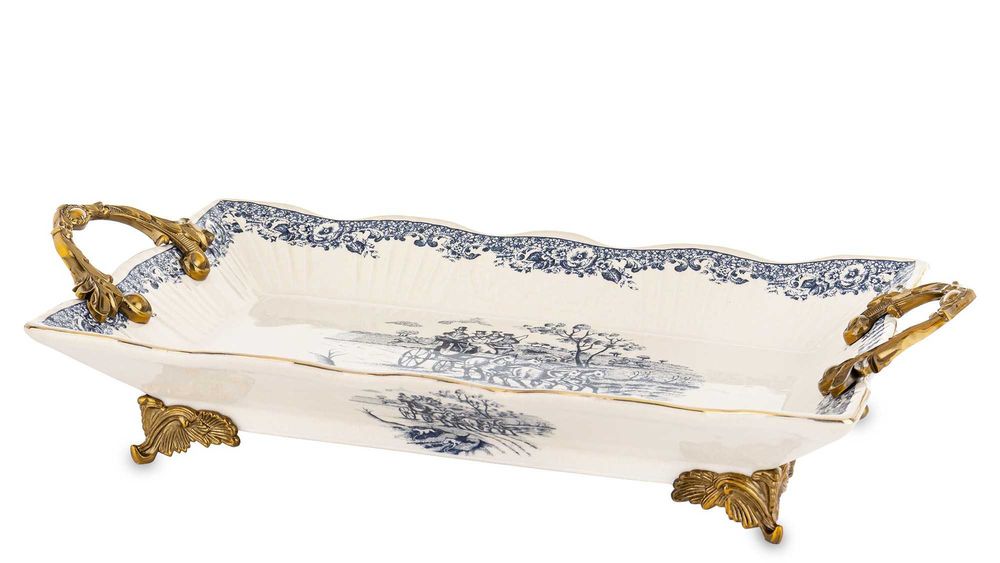 Dekoracyjna Stylowa Taca Misa Ceramiczna Biała Złota Na Nóżkach 182439