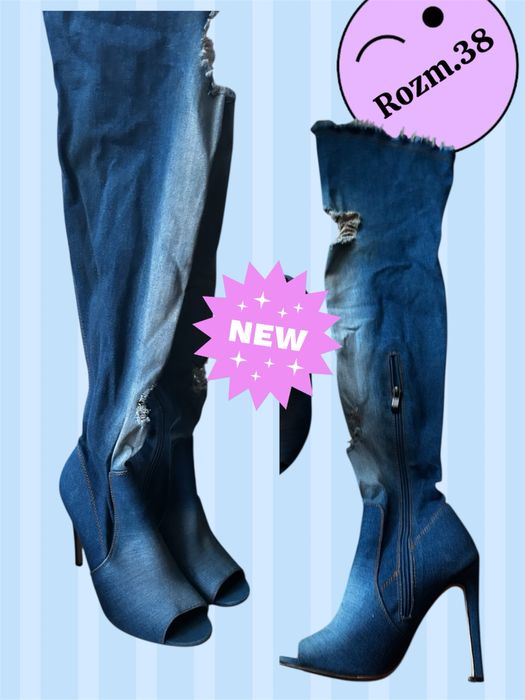 Jeansowe muszkieterki za kolano nowe kozaki rozm.38