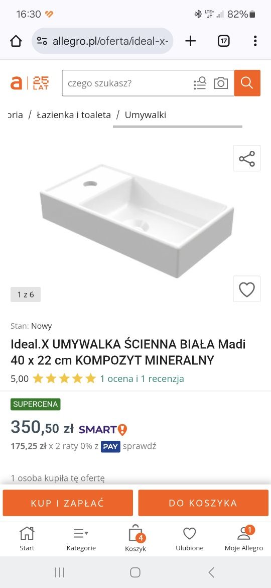 Nowa umywalka ścienna biała Ideal