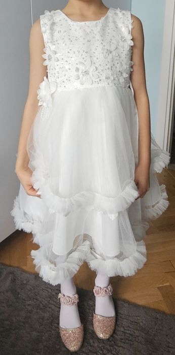 Sukienka biała tiul cekiny perełki wesele chrzest komunia bal piękna