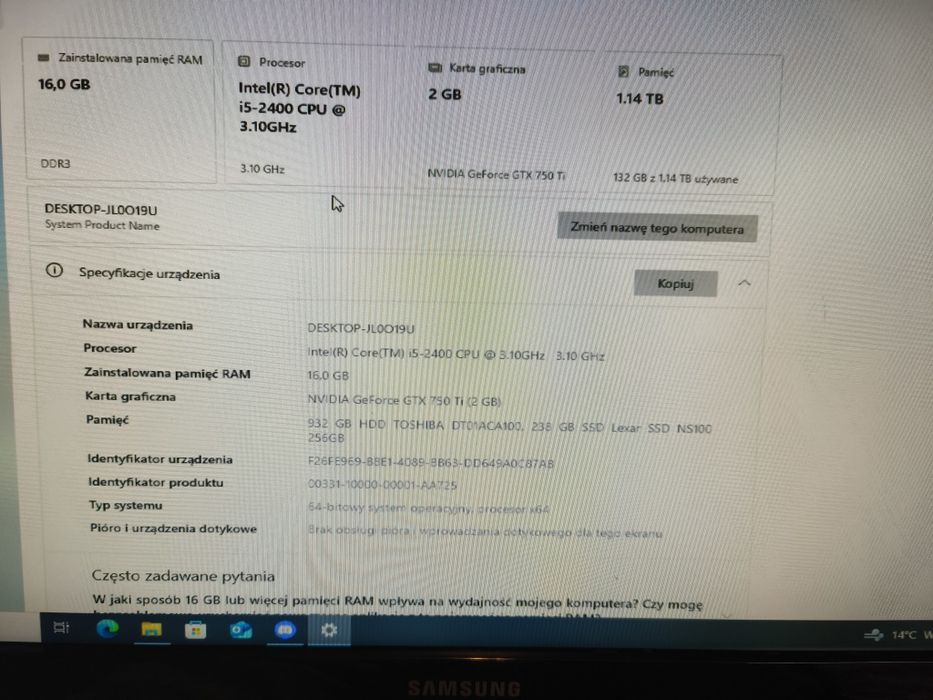 Komputer Intel Core i5 3.10GHz 16GB RAM GeForce GTX 750 Ti  Monitor 24