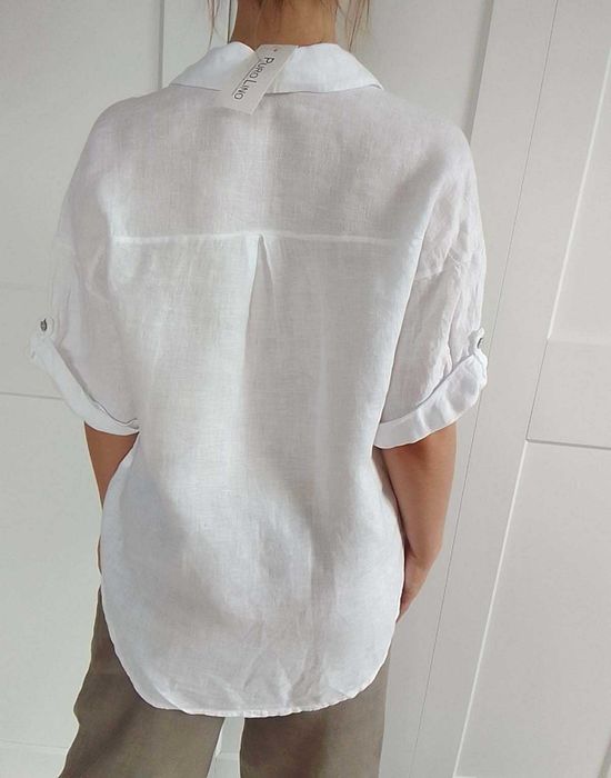 Nowa lniana biała koszula bluzka 100% len puro lino S M L uniwersalna