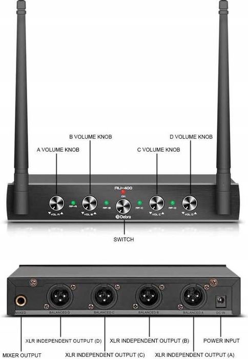 Debra Audio AU400 Pro UHF 4-kanałowy system mikrofonowy bezprzewodowy