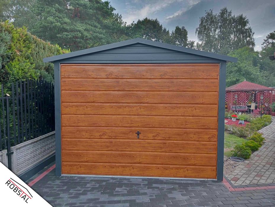 Garaż Blaszany dwuspadowy 3x5m ciemny grafit + złoty dąb