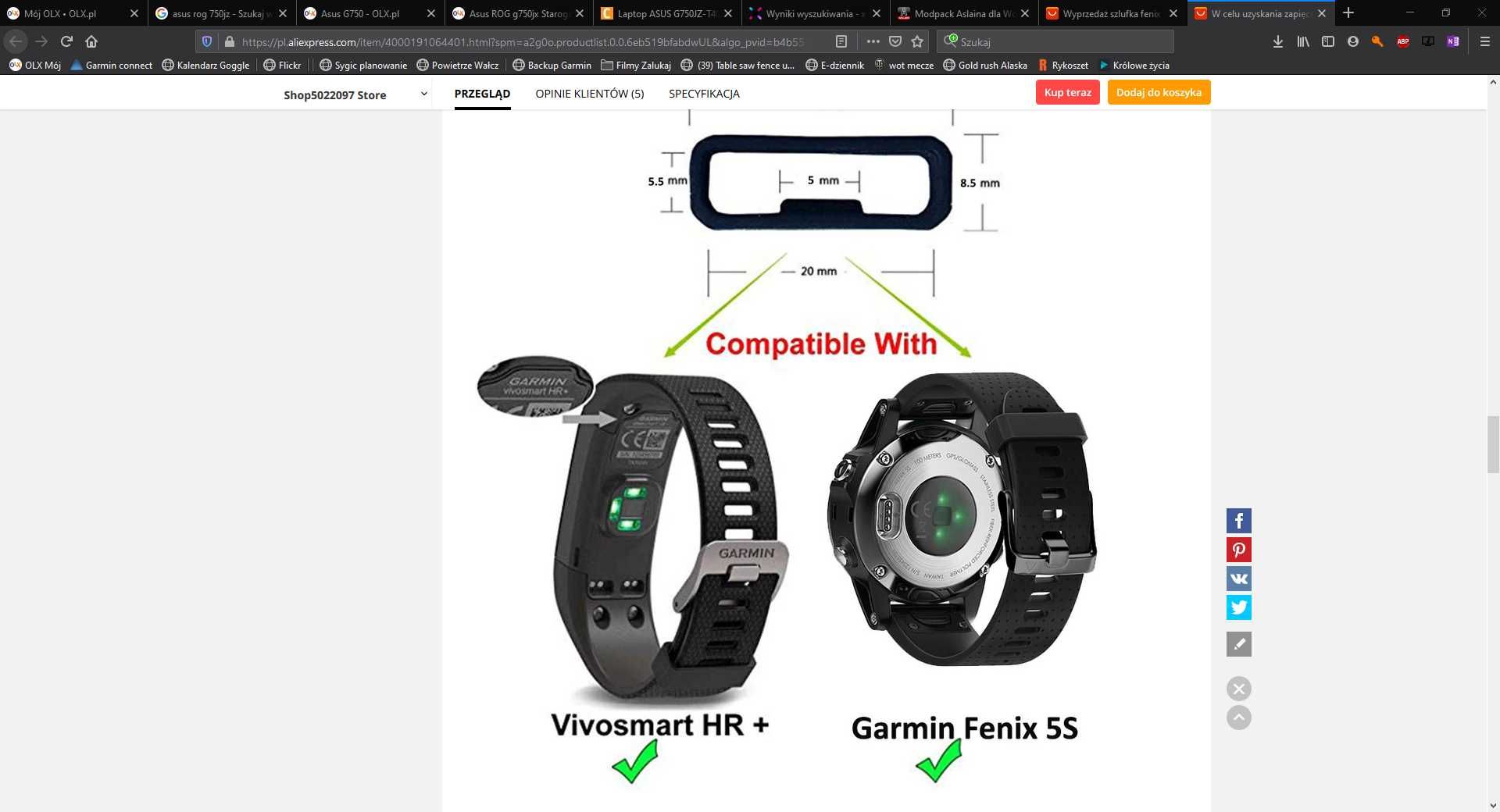 Garmin silikon szlufki Fenix 5/5+/6/6pro/7/7pro vivosmart 22 mm 4 SZT.