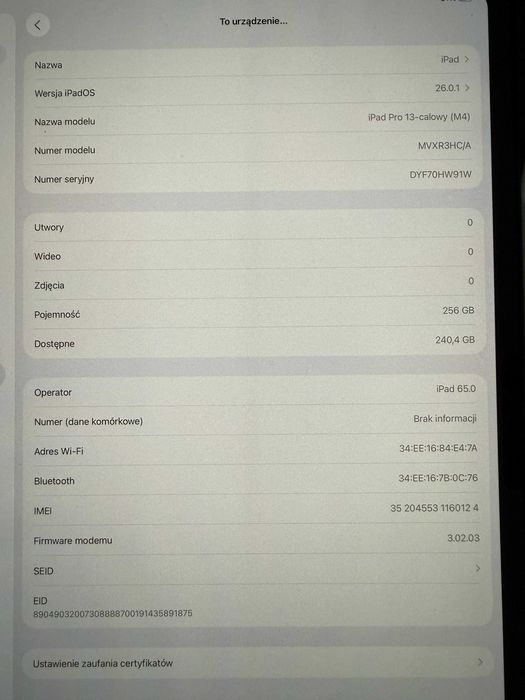 iPad Pro M4 13 256GB WIFI +5G - Jak nowy!