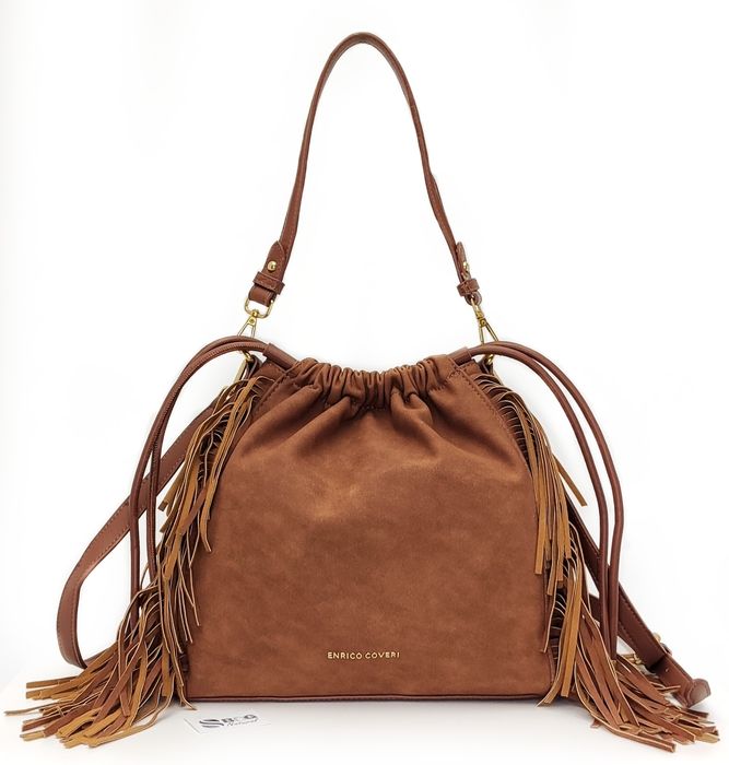 Elegancka Torebka Listonoszka Worek z Frędzlami Styl Boho Western Brąz