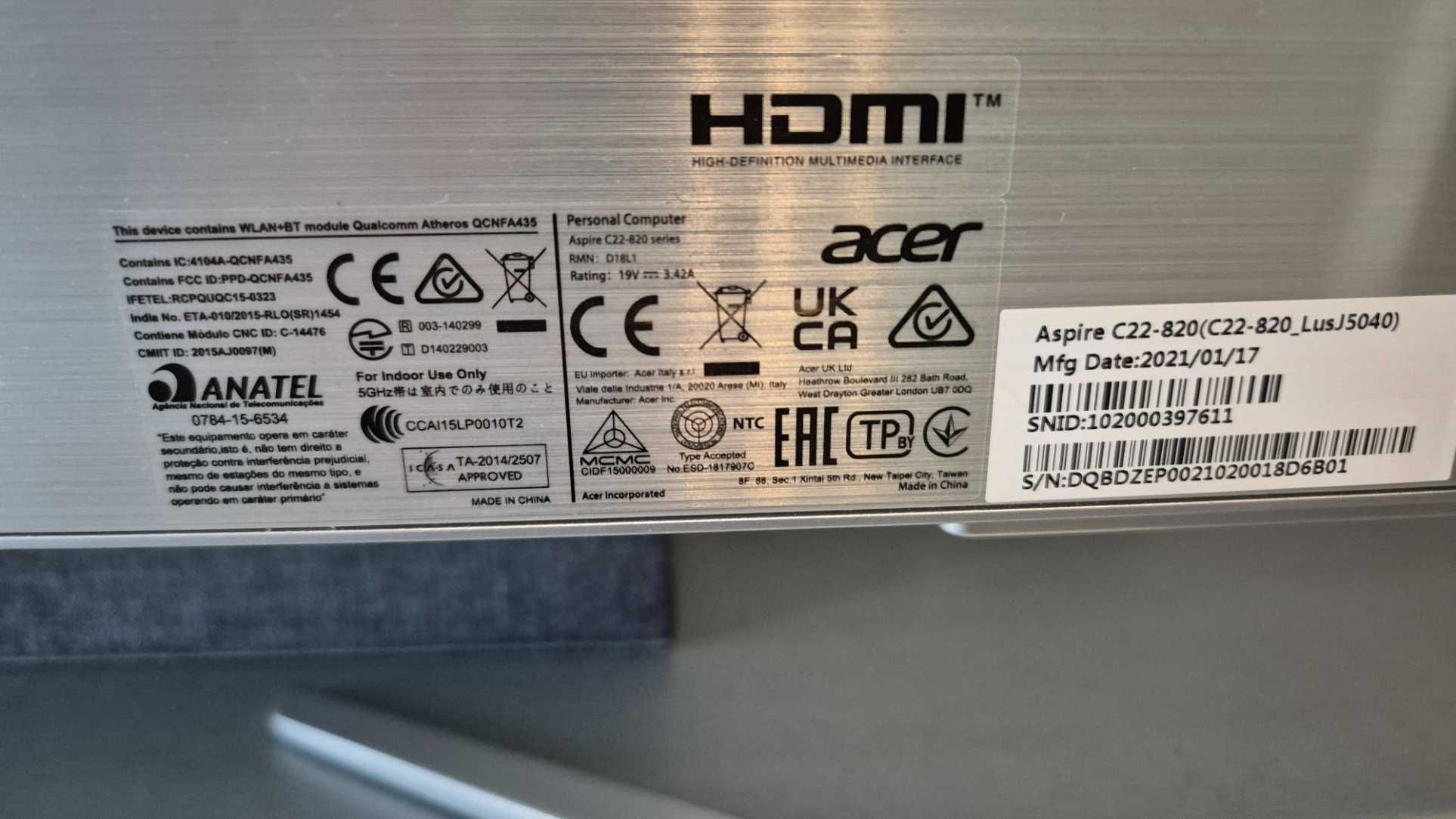 AiO Acer Aspire C22 21,5 J5040 8GB SSD256 Win11 + komplet akcesorii