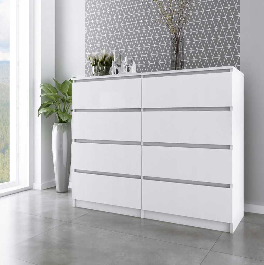 Nowoczesna Komoda na wysoki połysk 120cm Szafka 8 Szuflad