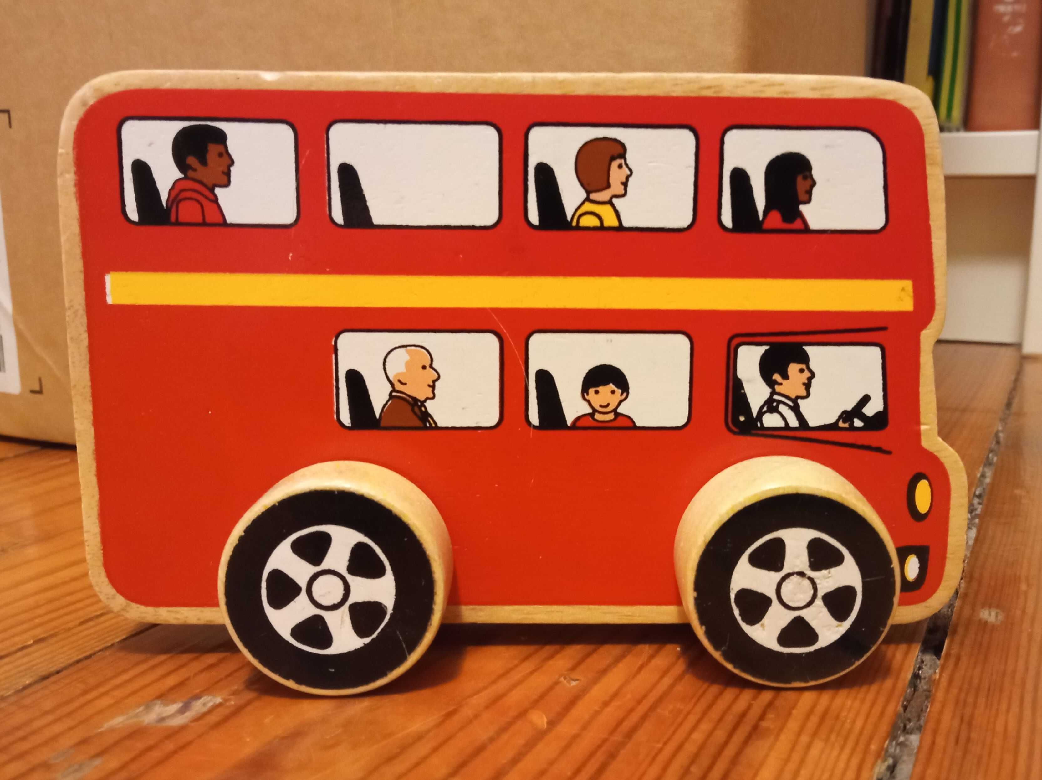 Drewniane autko, zabawka, dwupiętrowy autobus z UK