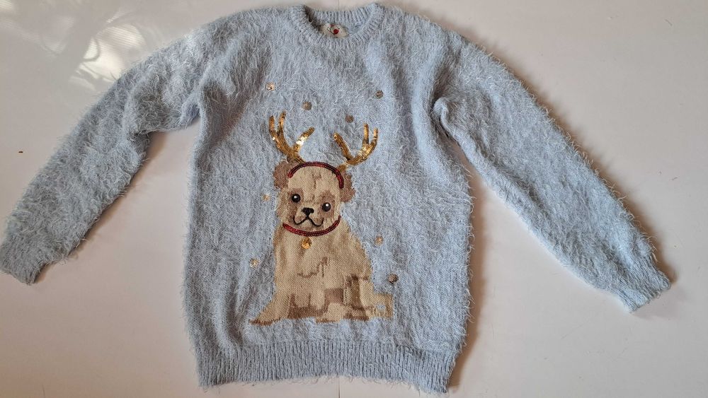 Sweter świąteczny - r. 140/146 - pies renifer