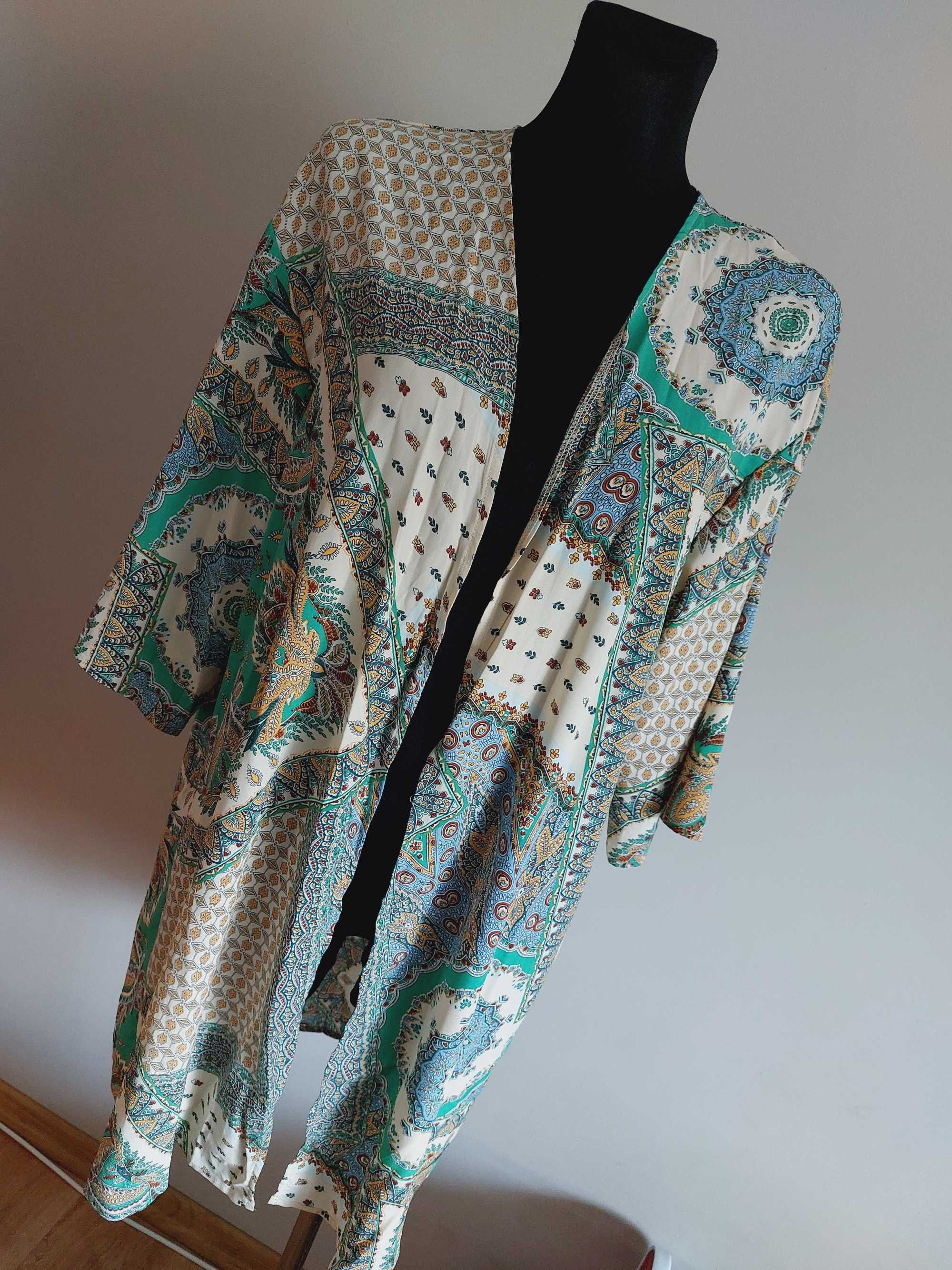 kimono narzutka sweter cienki beż zielen rekaw 3/4 m l xl oversize