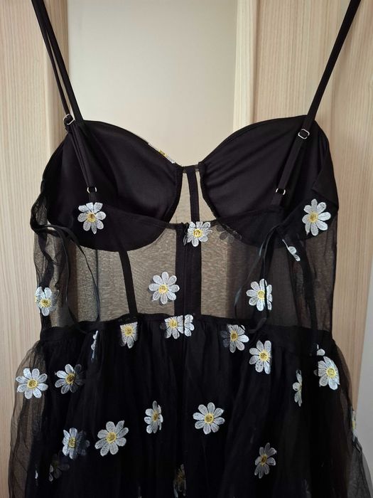 Długa sukienka balowa haft tiulowa maxi L XL czarna gorsetowa