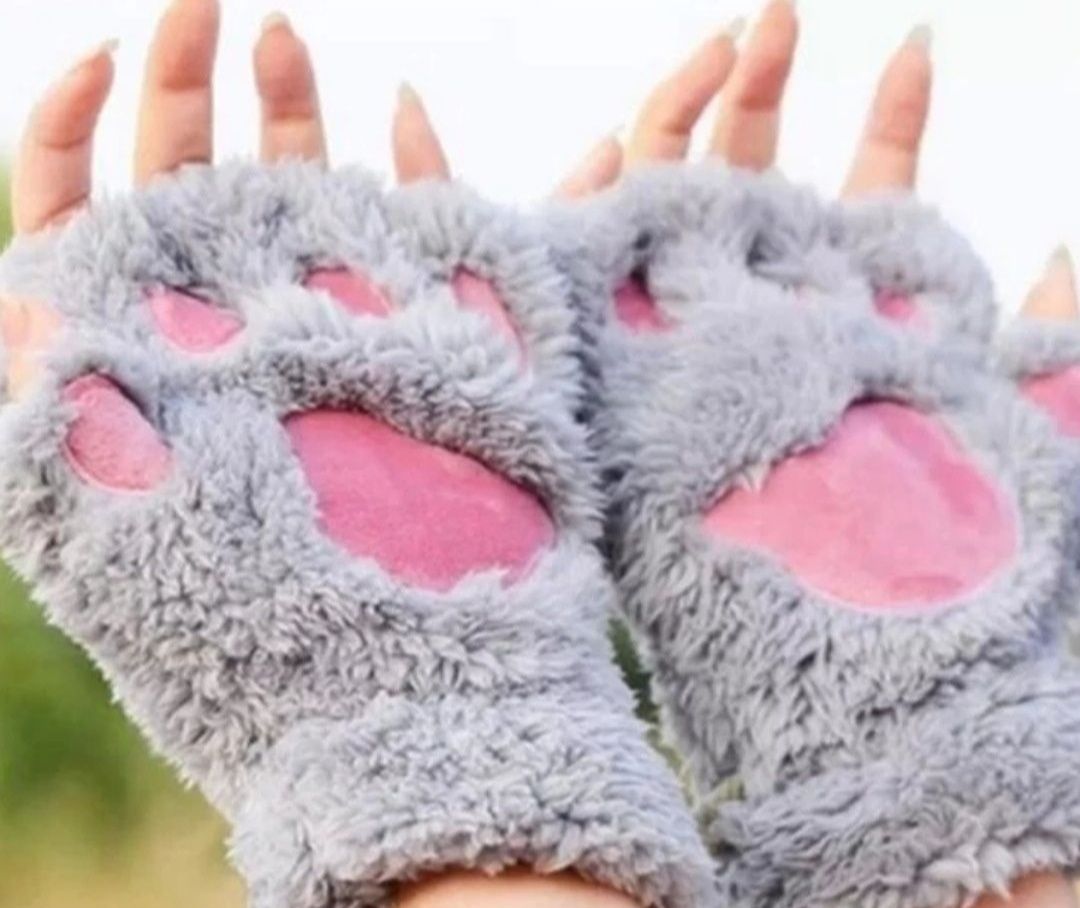 Плюшевые перчатки митенки кошачьи лапы, лапки кота рукавиці