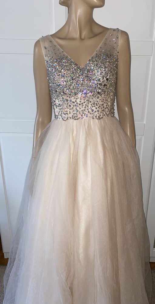 Suknia maxi balowa bal wieczorowa S M studniówka wesele cekiny tiul