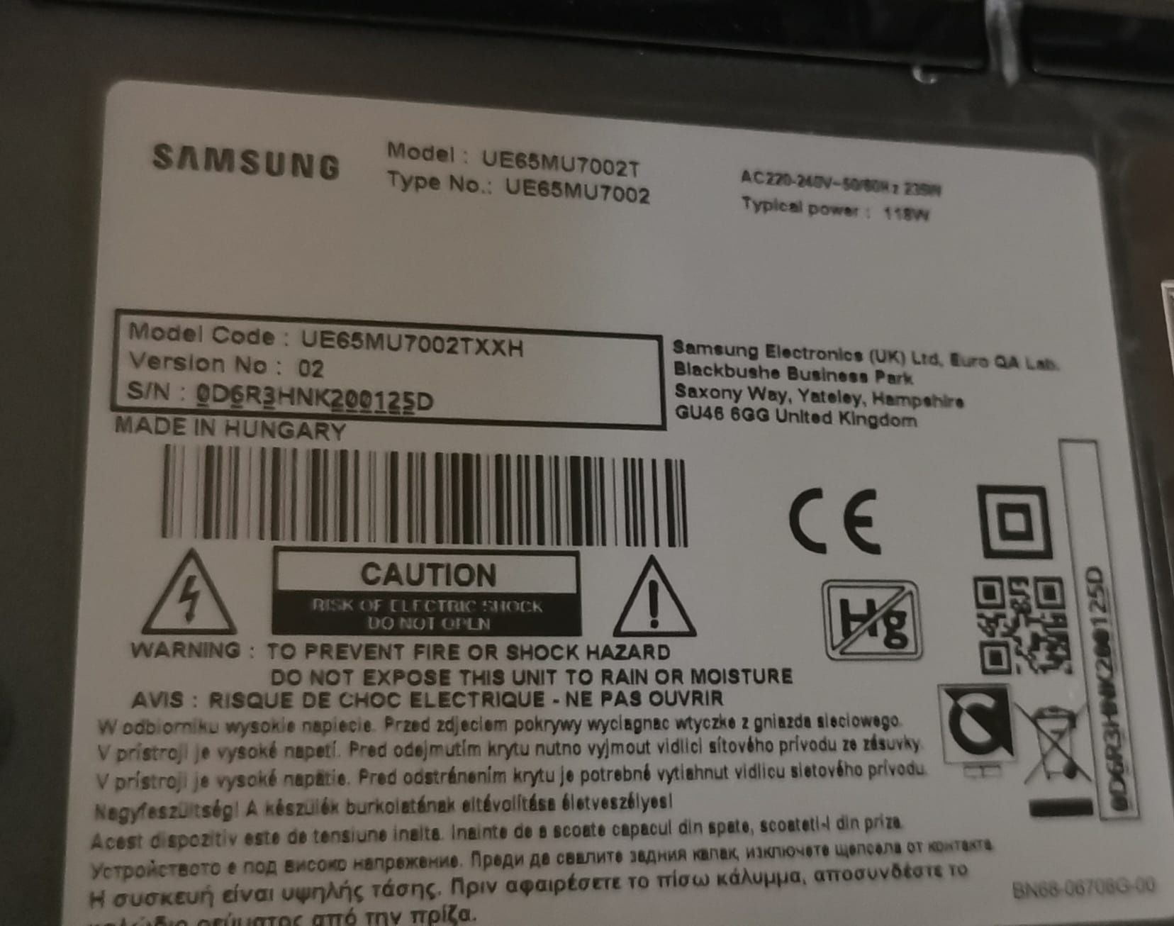 Samsung 65 cali uszkodzona matryca