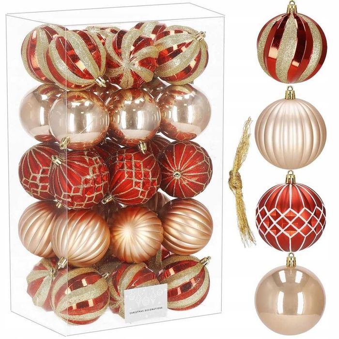 BOMBKI na Choinkę Czerwone Odcienie GOLD 30szt ZDOBIONE 8cm NIETŁUKĄCE