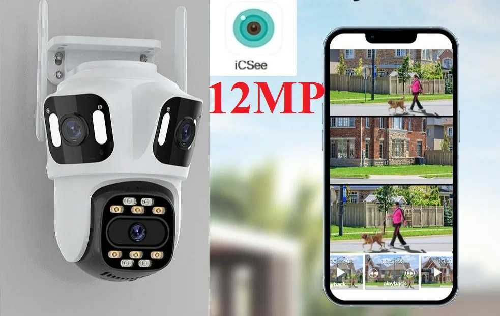 IP WIFI Камера 12МП ТРИ объектива видеонаблюдение Уличная