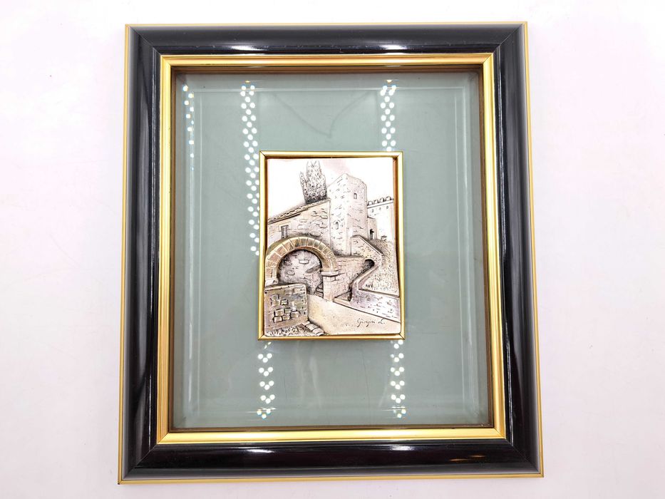 Obraz srebrny wypukły domy brama arkada włoski Giorgini L. 10g srebra