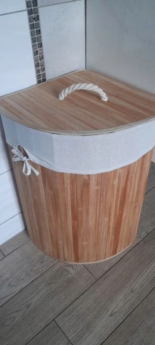 Narożny bambusowy kosz na pranie z pokrywą nowy pojemny 60L