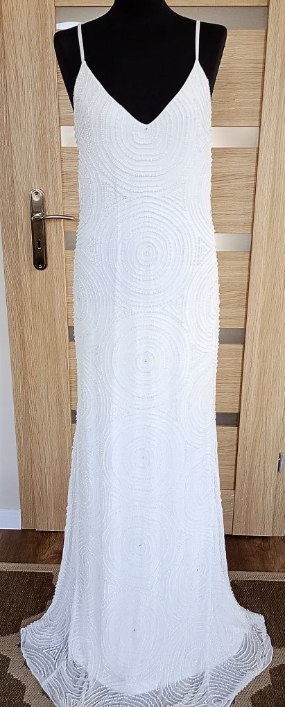Virgos Lounge Biała suknia ślubna 44 46 na ramiączkach z koralikami