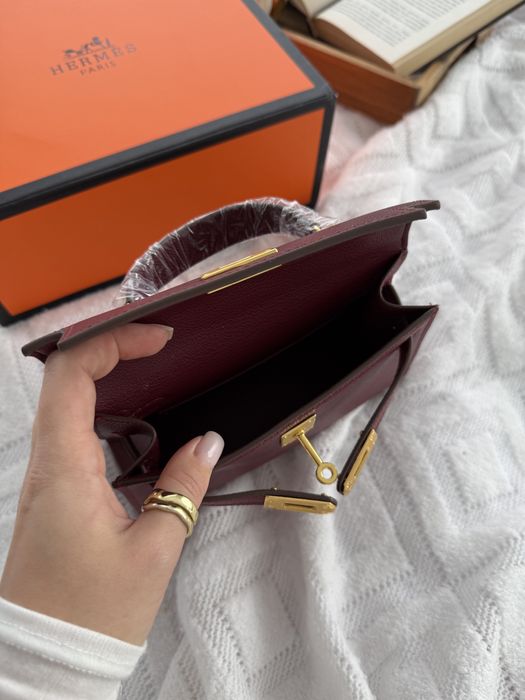 Сумка Hermes Kelly шкіра | шоколадна та бургунді | золота фурнітура
