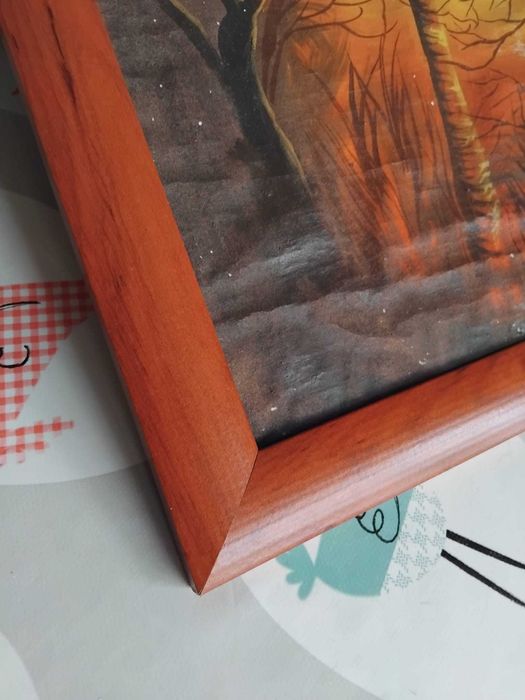 Pintura com moldura de madeira e vidro, assinado