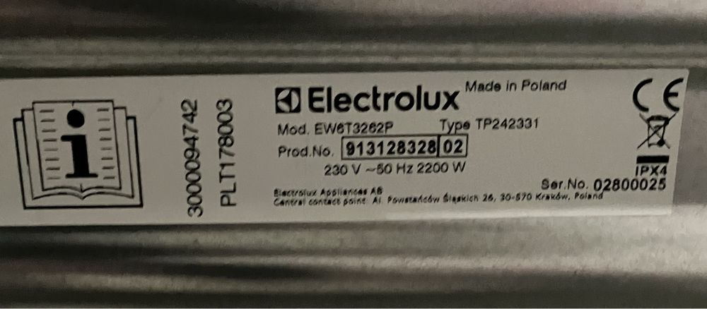 Pralka elektrolux uszkodzony EW6T3262P