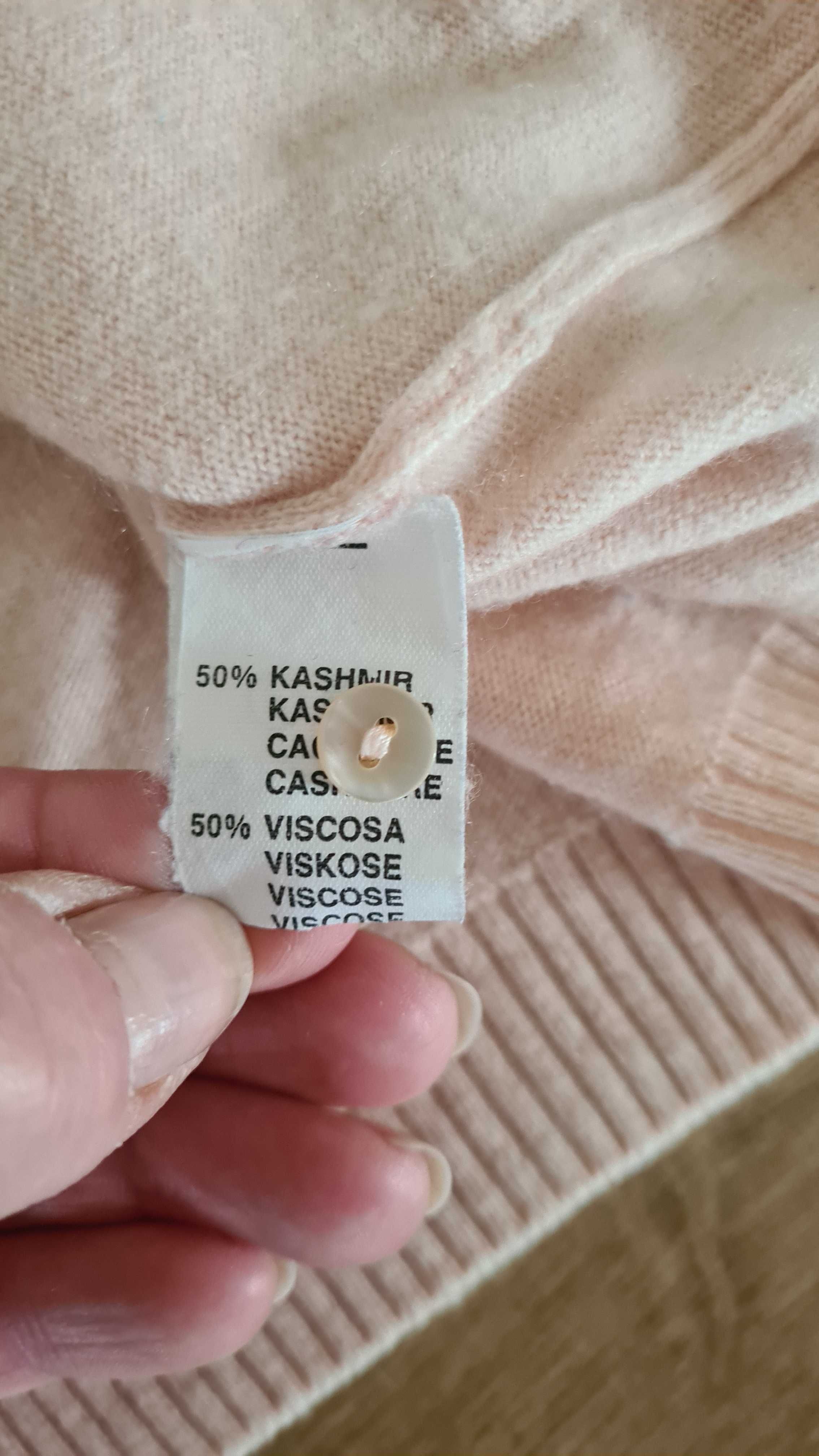 Kardigan Sweter Kaszmir i Wiskoza. Pudrowy różowy / morelowy. L / M