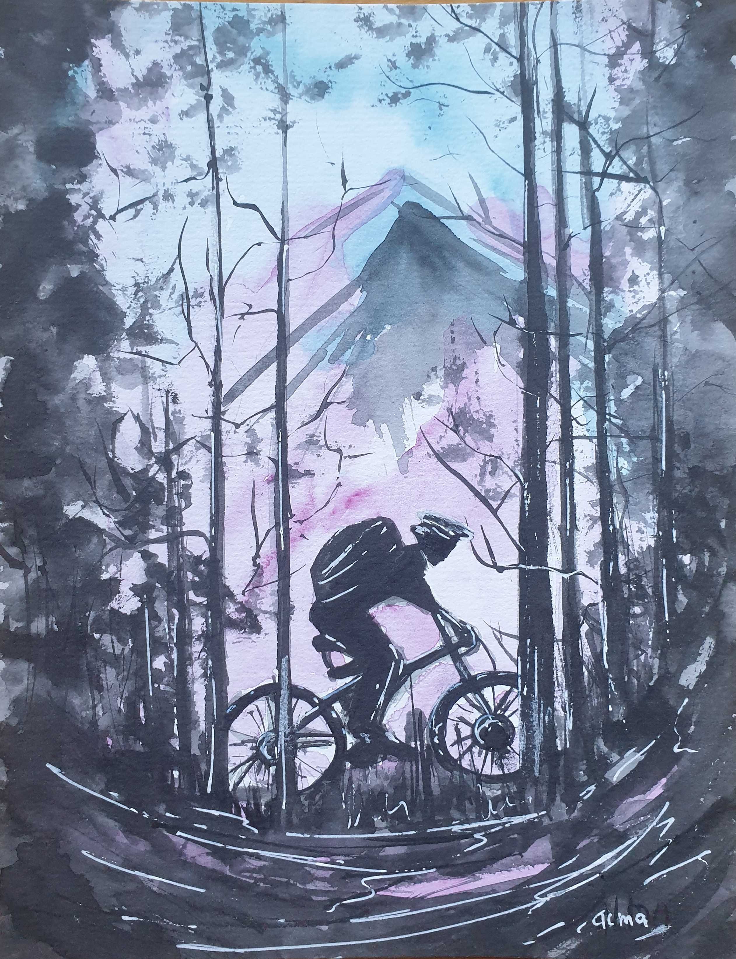 Obraz ręcznie malowany "Rower"  akwarela pejzaż górski