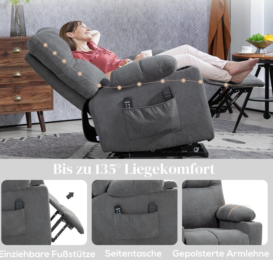 HOMCOM Fotel dla seniorów z funkcją podnoszenia, funkcja leżenia,