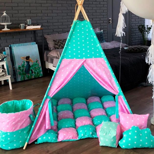 Дитячий ігровий намет вігвам Зірки рожево бірюзова