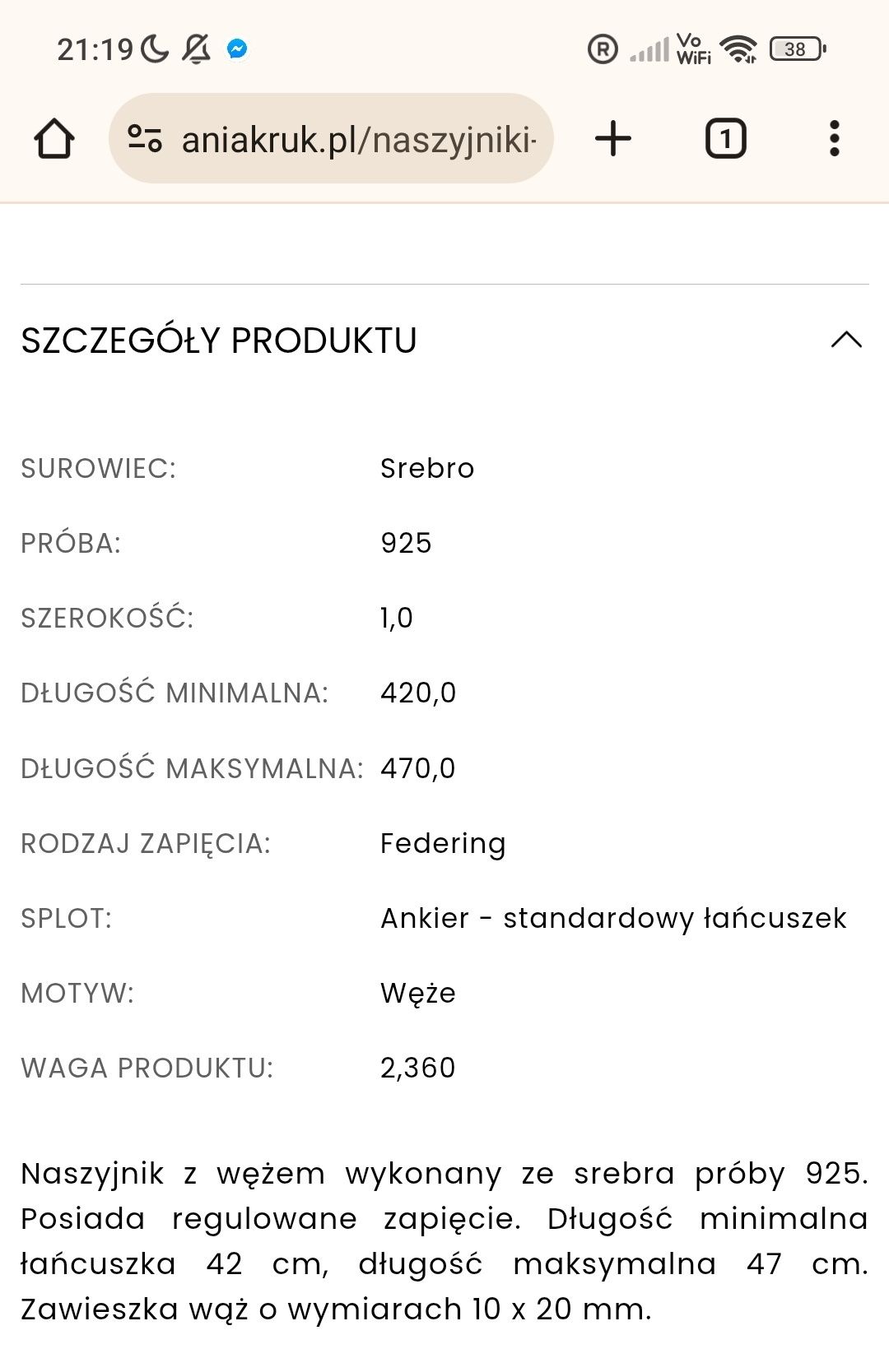 Naszyjnik srebrny z wężem Ania Kruk