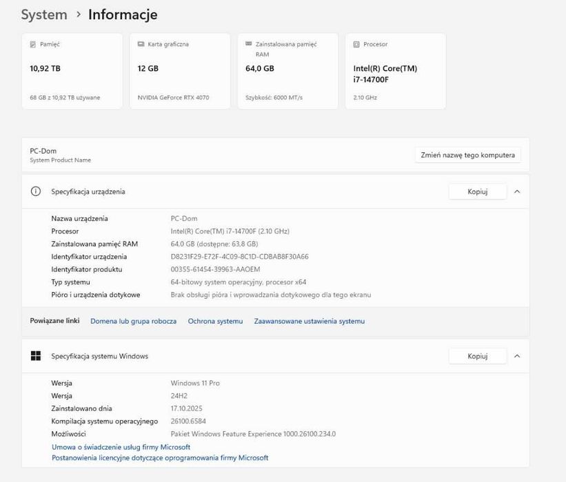 Komputer NVIDIA GeForce RTX 4070 12GB - RAM 64GB- Intel Core i7-14700F