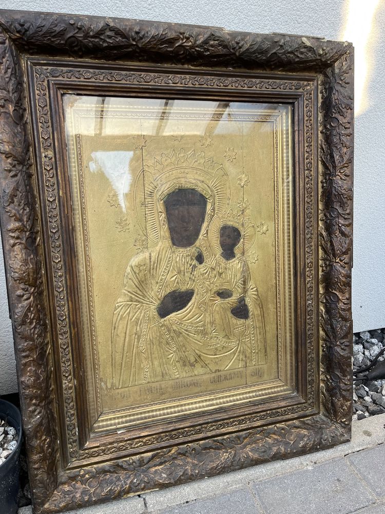 Ikona obraz Matki Boskiej Częstochowskiej drewniana malowana na złoto