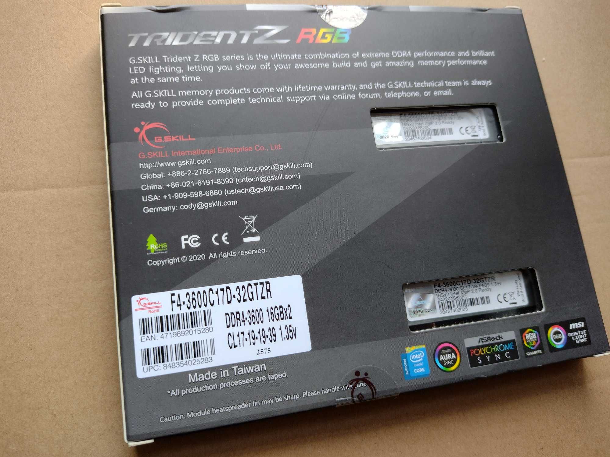 Pamięć RAM G.Skill Trident Z RGB 32GB(2x16GB]DDR4 3600MHz NOWE Zamiana