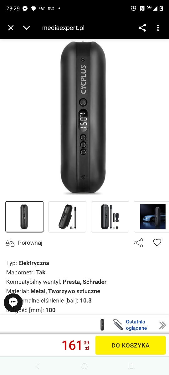Pompka elektryczna rowerowa powerbank lampka LED  Cycplus A2