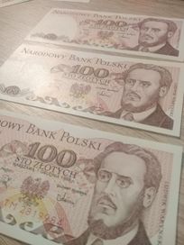 Banknot 100 zł 1 grudnia 1988 Ludwik Waryński 3 szt stan jak nowe NBP