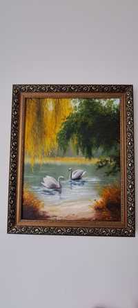 Картина маслом в  рамі "Лебеді на ставку " Шпак Леся, полотно олія