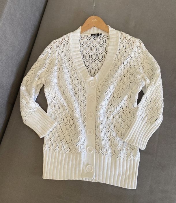 Bialy azorowy sweter karfigan Isolde 38-40 letni bawelna