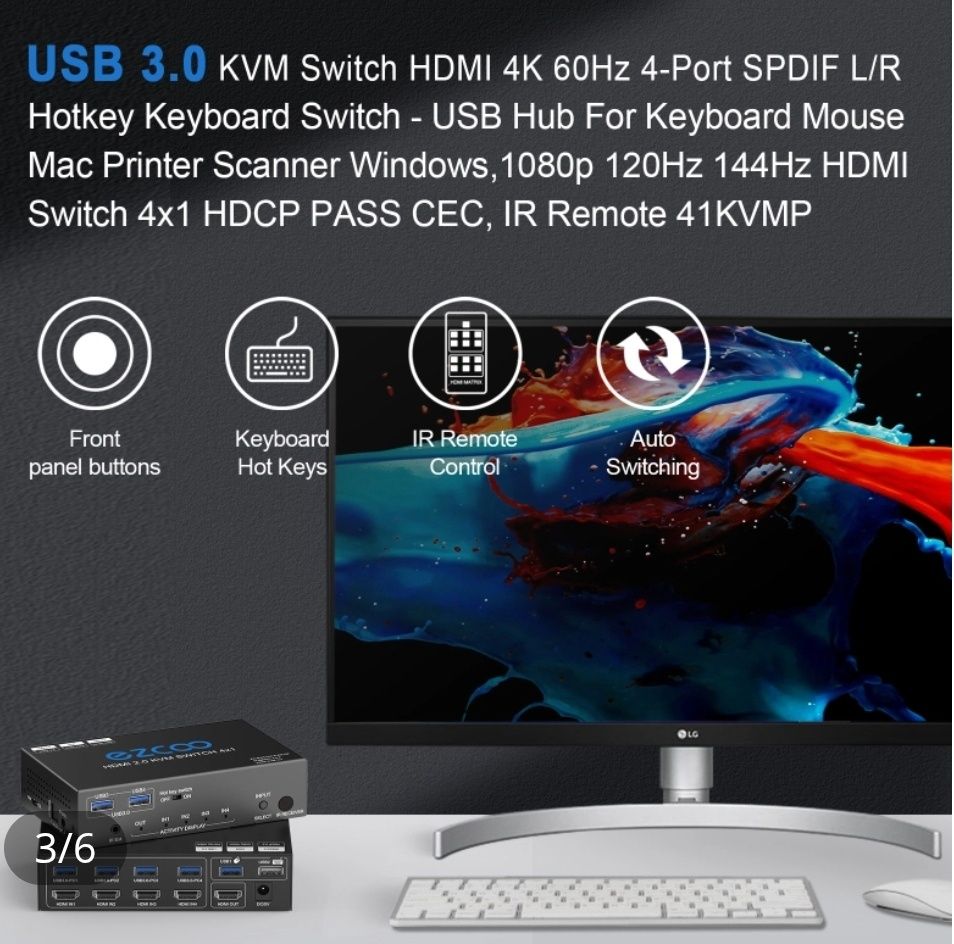 EZCOO USB 3.0 KVM-перемикач HDMI 4 комп’ютери 1 монітор 4K 60 Гц – SPD