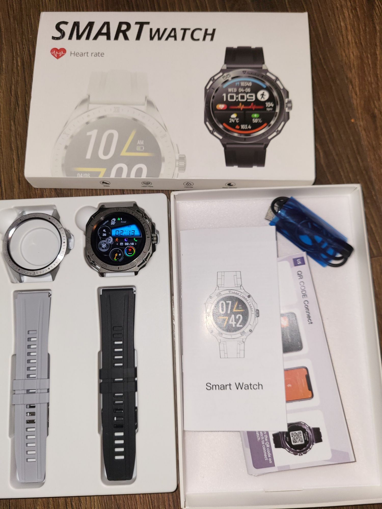 Zegarek SmartWatch, z pulsometrem i ciśnieniomierzem, opaski, Nowy.