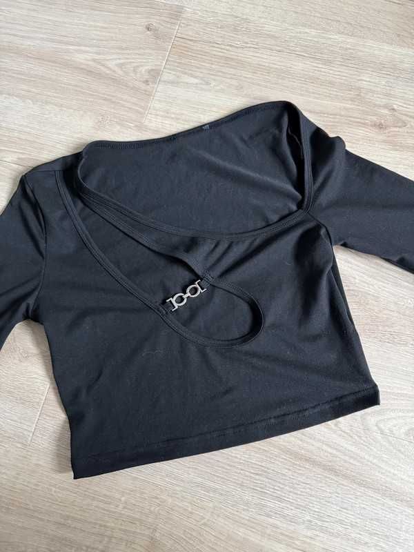 Bluzka crop top z długim rękawem ozdobny wycięty dekolt s m