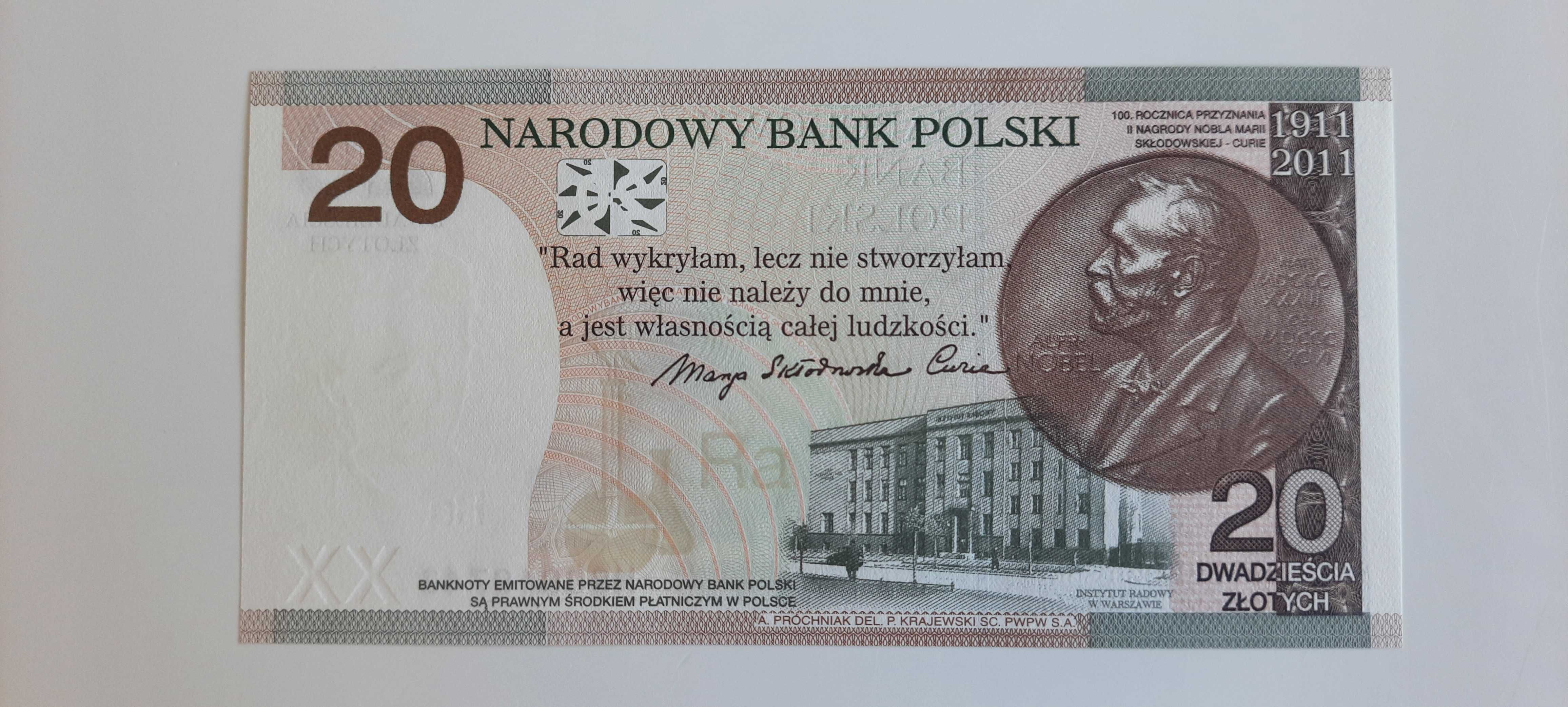 20 zł - 100. rocznica Nagrody Nobla Marii Skłodowskiej-Curie - UNC