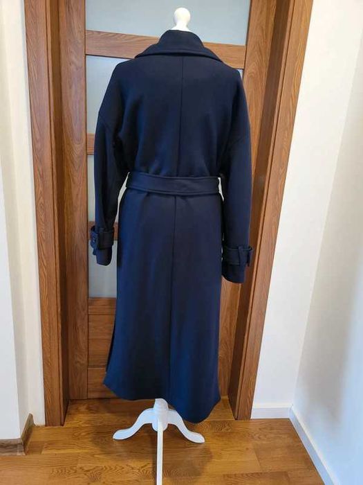 Płaszcz Zara granatowy wełna Manteco wełniany wiązany z paskiem rozm L