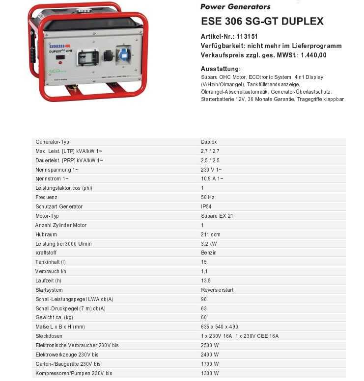 Генератор інверт/безщітковий Endress 306 duplex