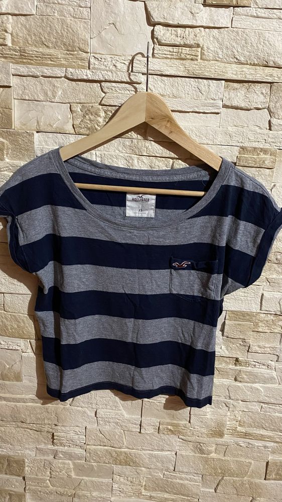 T-shirt Hollister XS top damski krótki stan bawełna szaro-granatowy