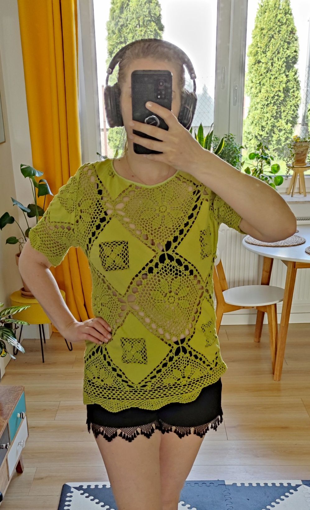 Top bluzka z krótkim rękawem szydełko zielony hippie Vintage S/M/L