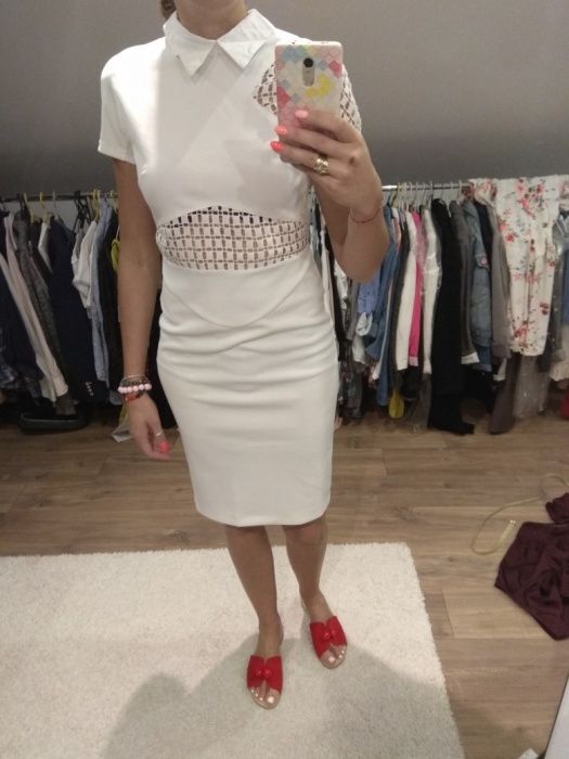 Sukienka biała tuba ołówkowa kołnierzyk ażur elegancka zamek rozm. M