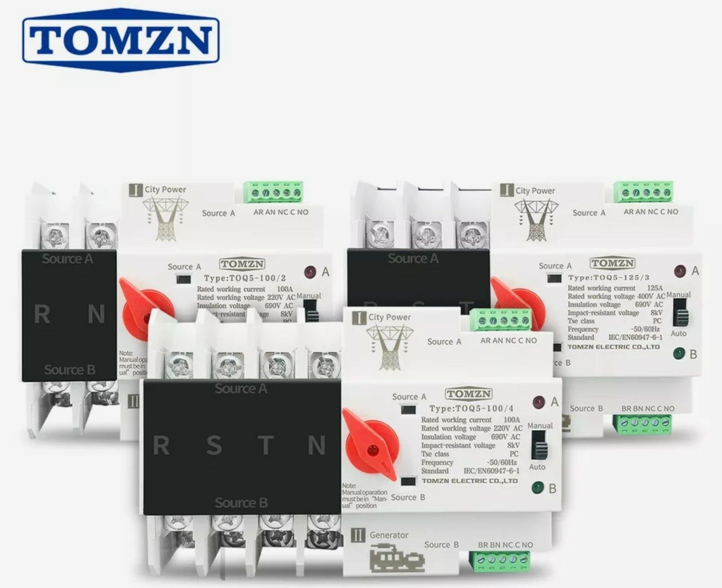 Автомат ввода резерва, 3 фазы и ноль, ATS, AVR, Tomzn 125A. 3P+N